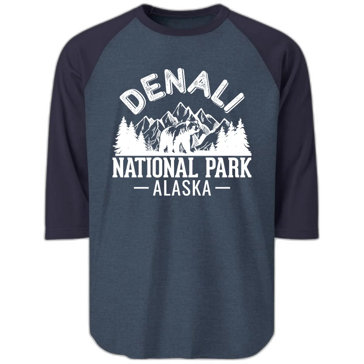 Denali National Park Alaska Raglan 3/4 in Heather Denim Navy