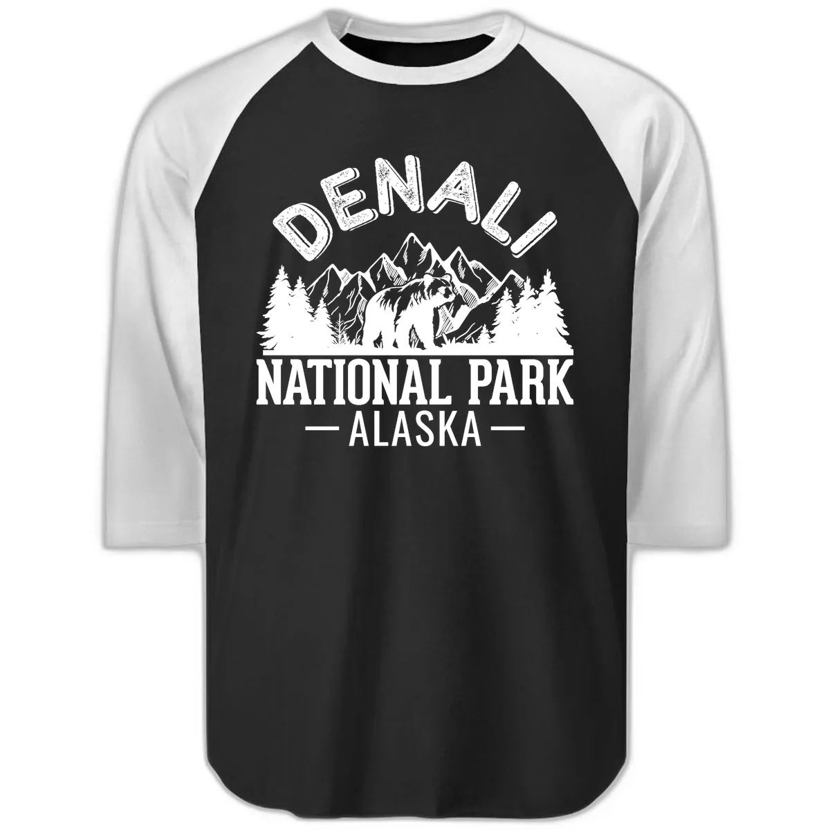 Denali National Park Alaska Raglan 3/4 in Black White