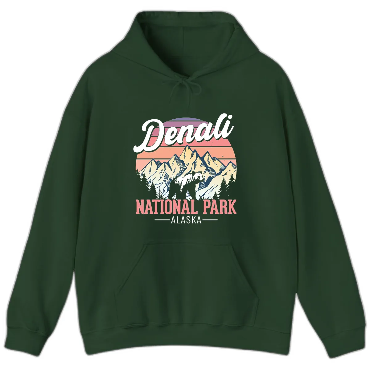 Denali National Park Alaska Bear Hoodie in Forest Green