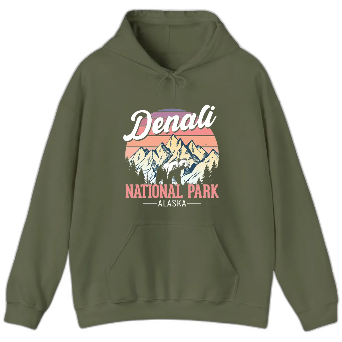 Denali National Park Alaska Bear Hoodie in Military Green