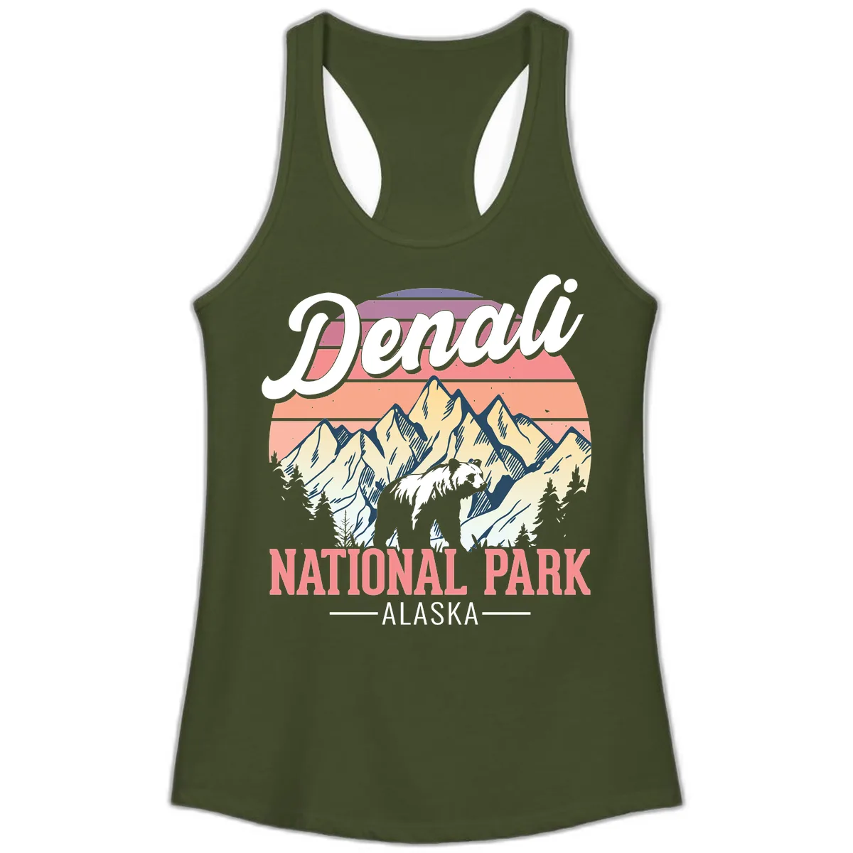Denali National Park Alaska Bear Ladies Tank in Solid Military Green