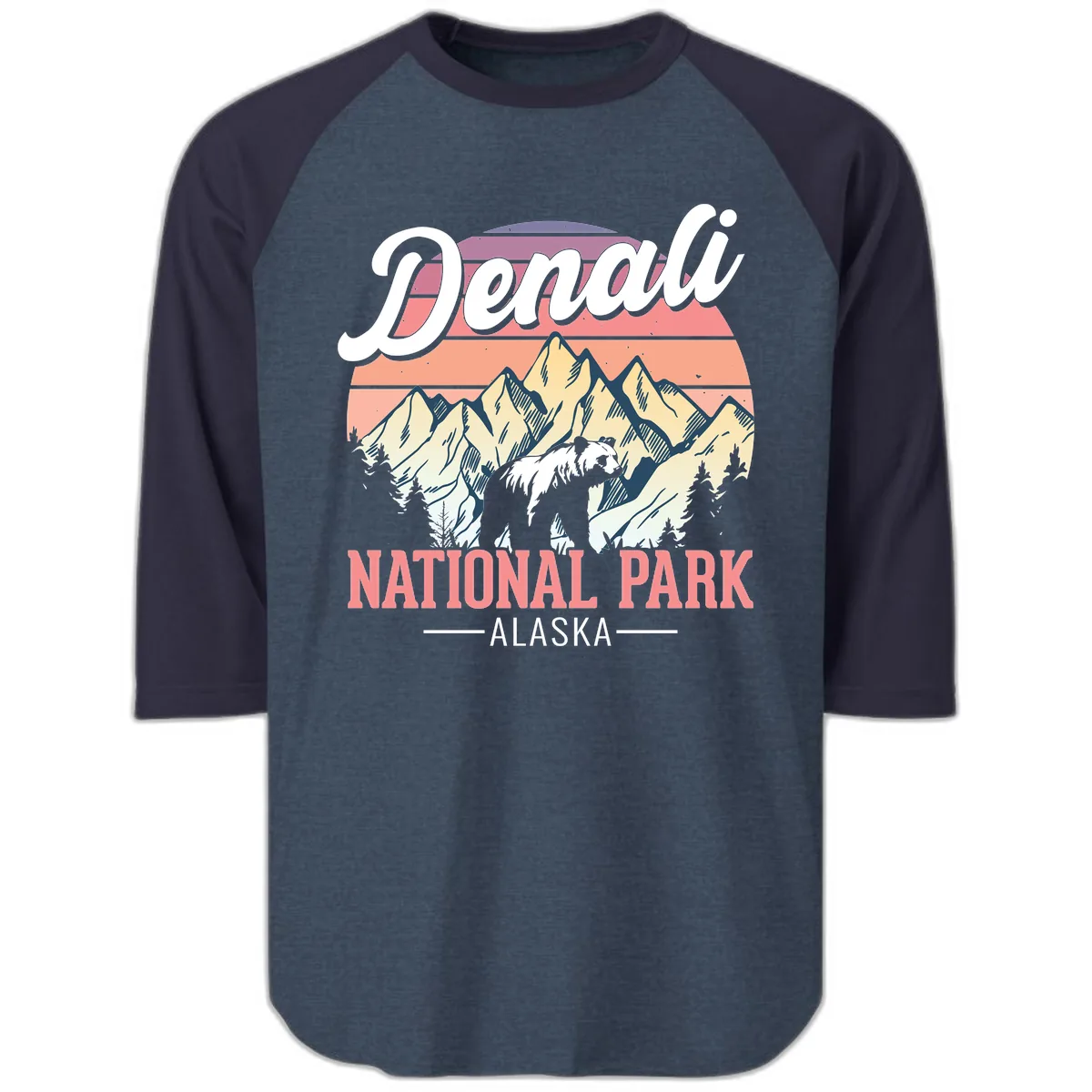 Denali National Park Alaska Bear Raglan 3/4 in Heather Denim Navy