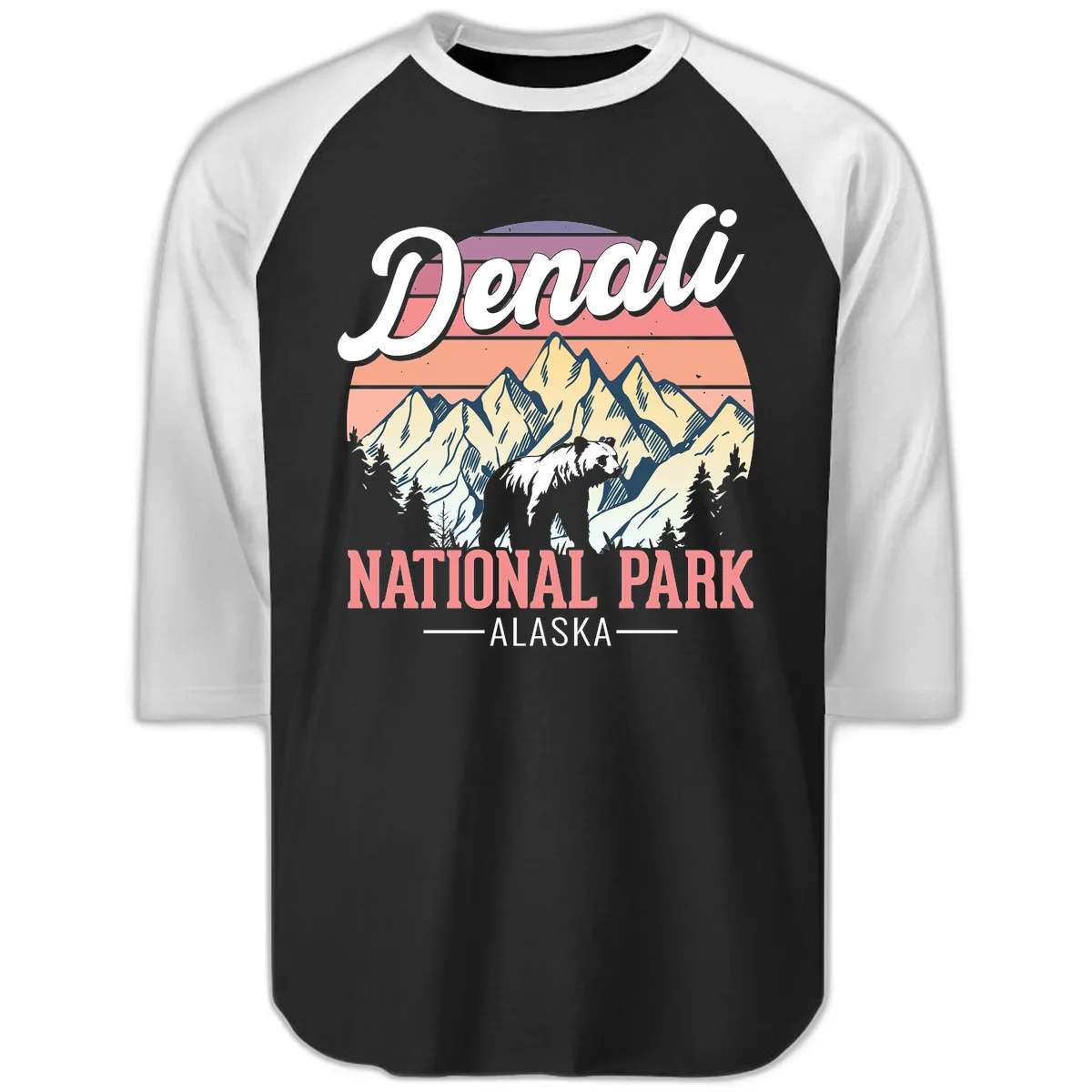 Denali National Park Alaska Bear Raglan 3/4 in Black White