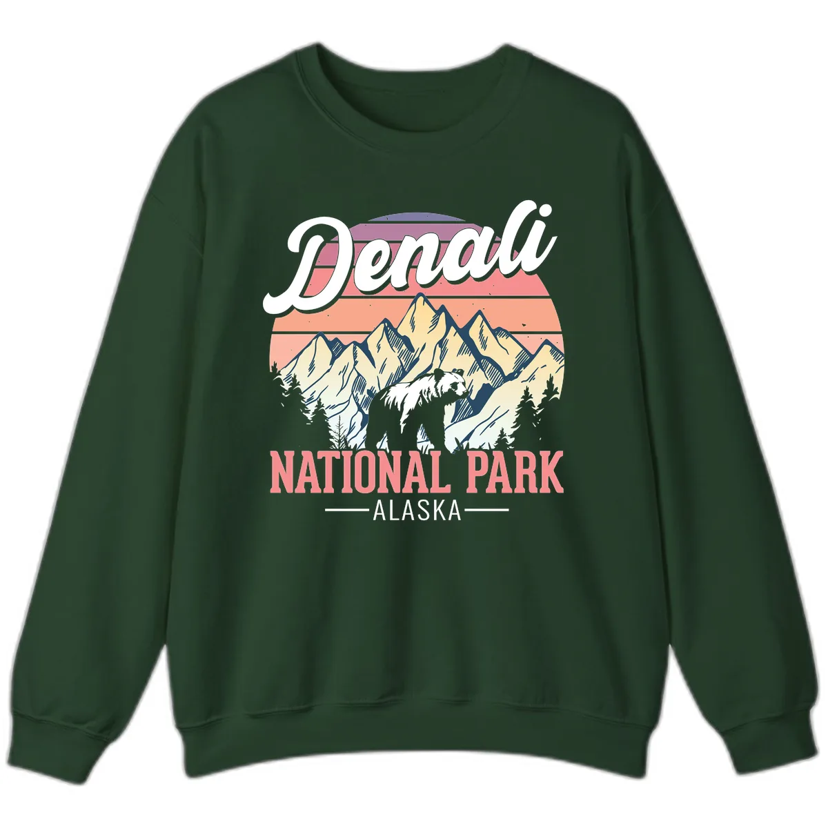 Denali National Park Alaska Bear Sweatshirt in Forest Green