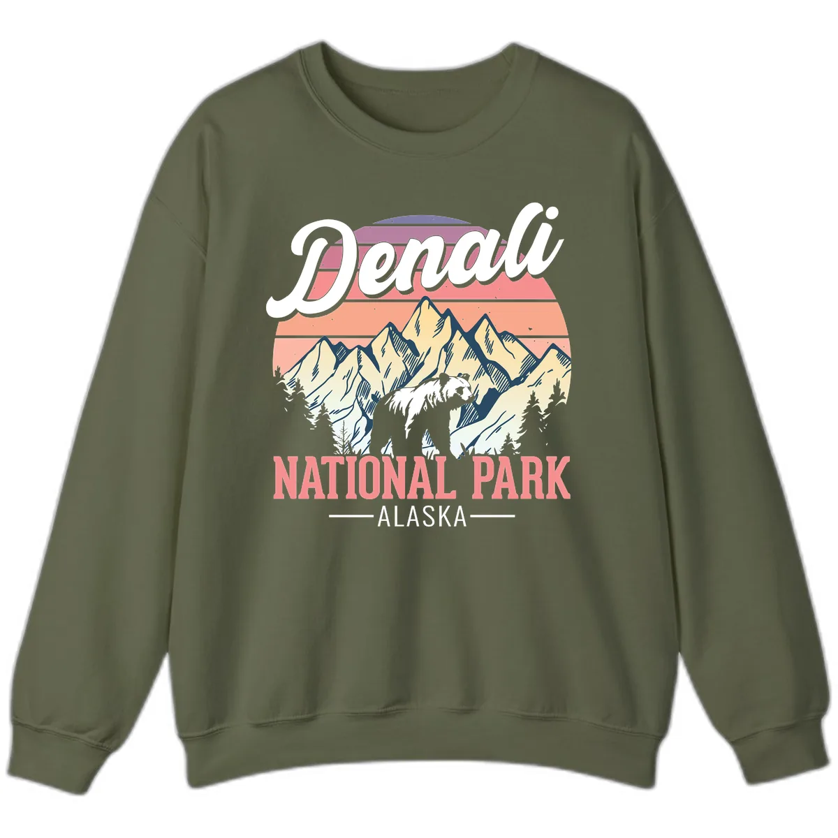 Denali National Park Alaska Bear Sweatshirt in Military Green