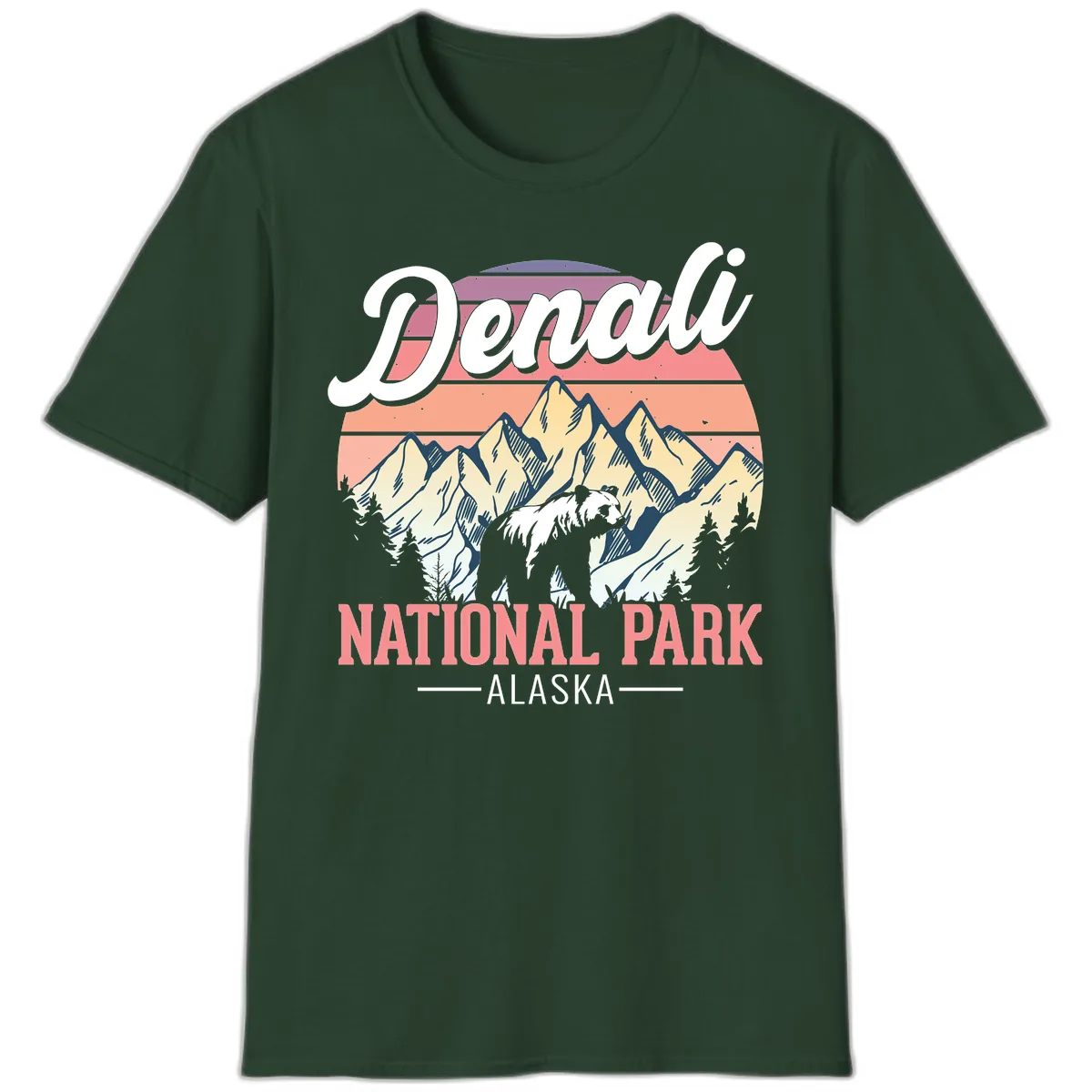Denali National Park Alaska Bear T-Shirt in Forest Green