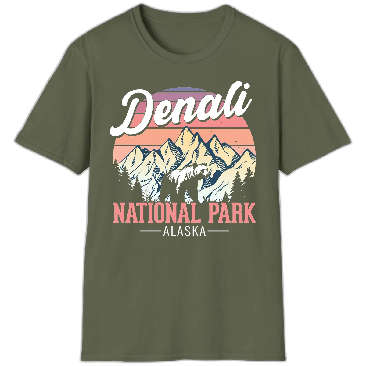 Denali National Park Alaska Bear T-Shirt in Military Green