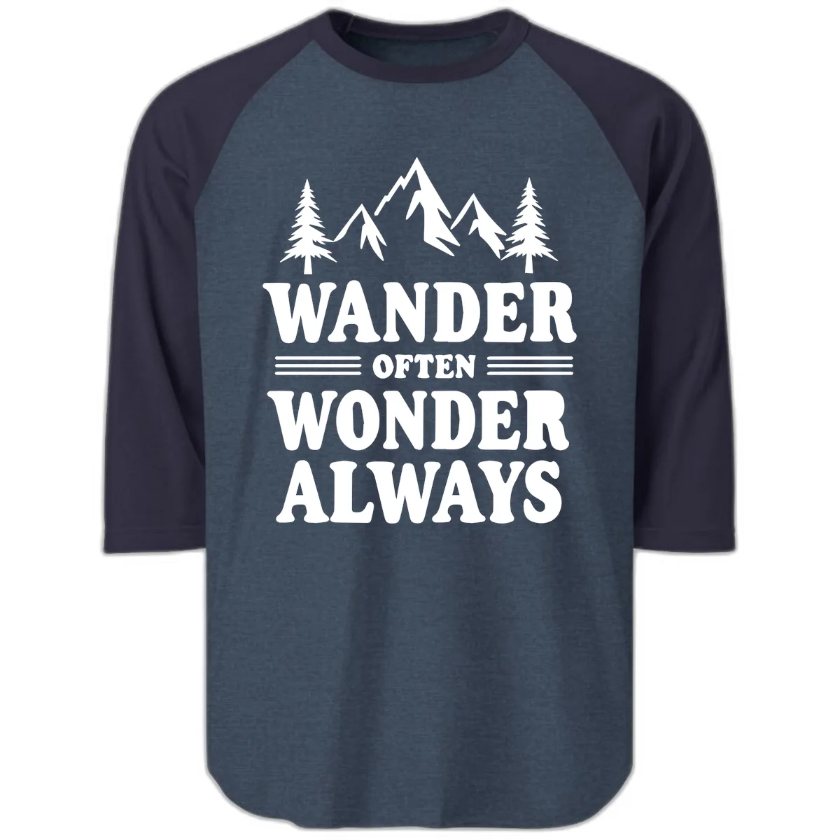 Wander Often Wonder Always Raglan 3/4 in Heather Denim Navy