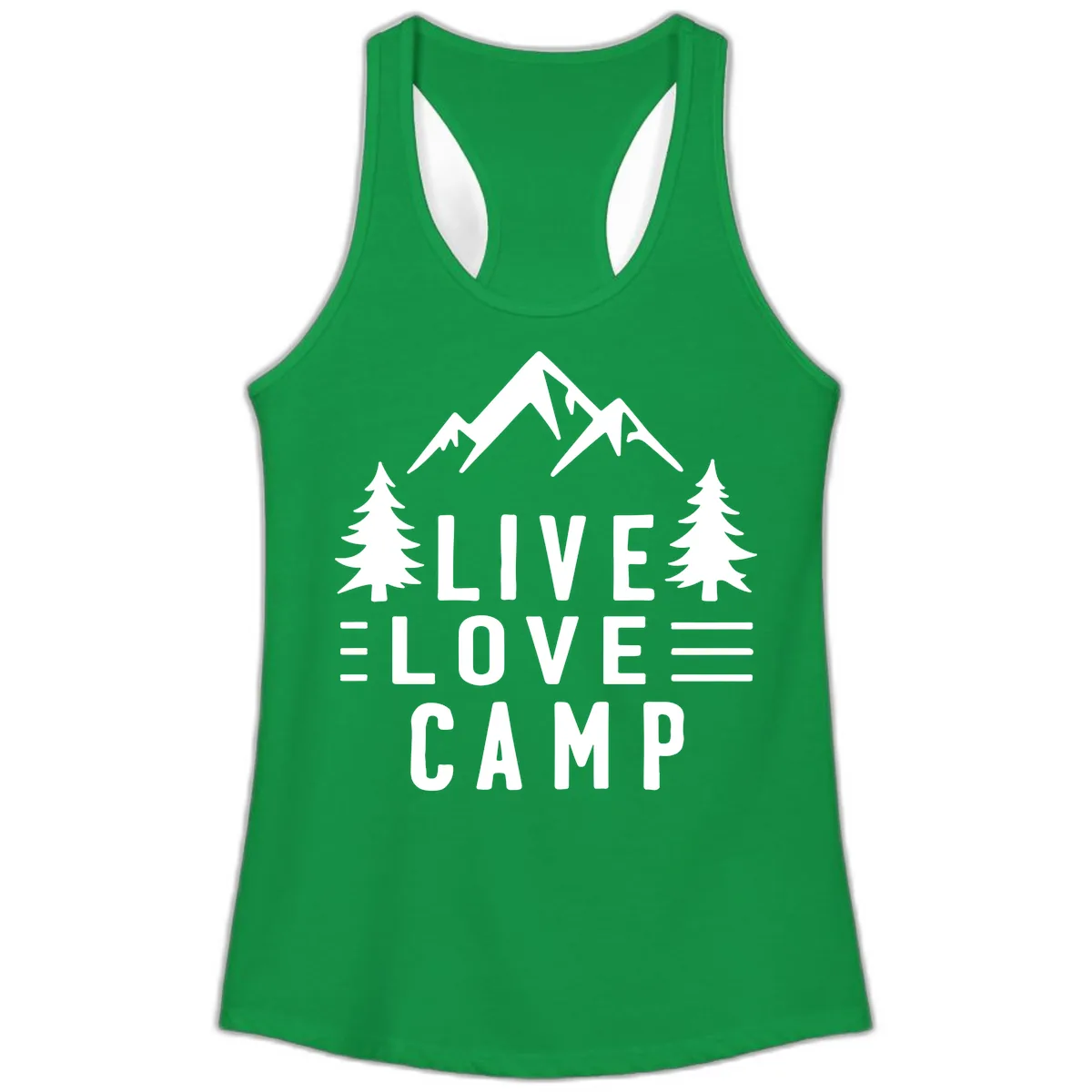 Live Love Camp Mountain Wilderness Ladies Tank in Solid Kelly Green
