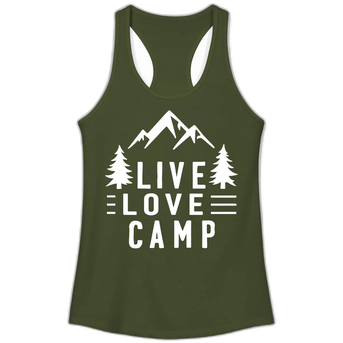 Live Love Camp Mountain Wilderness Ladies Tank in Solid Military Green