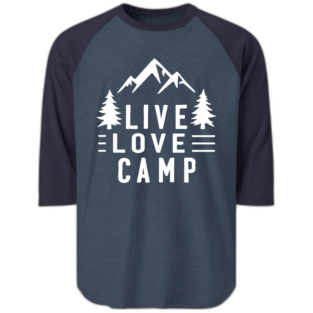 Live Love Camp Mountain Wilderness Raglan 3/4 in Heather Denim Navy