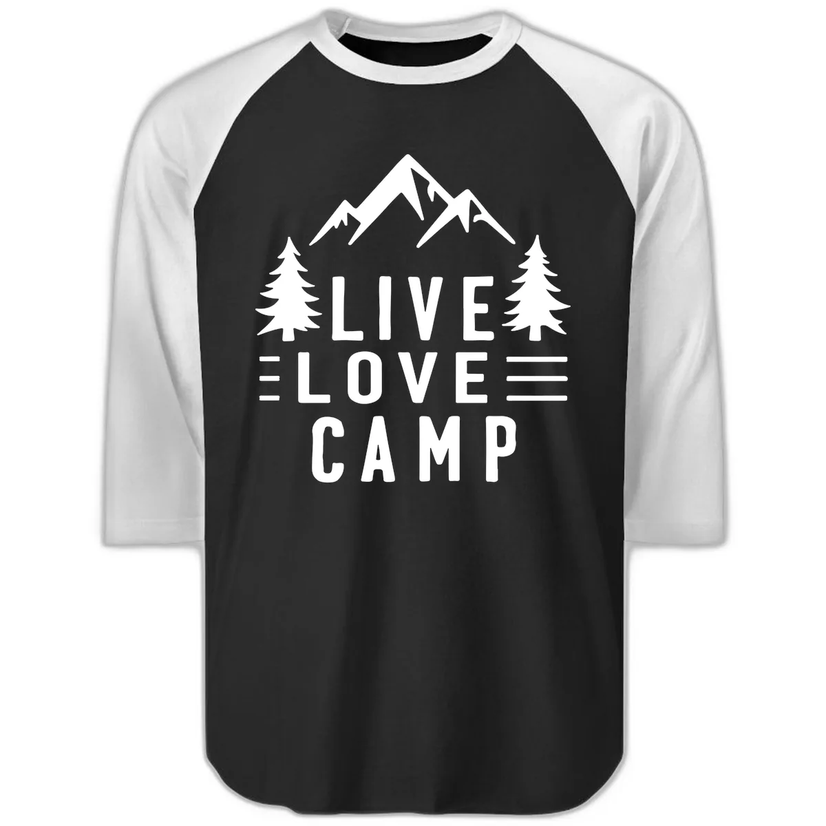 Live Love Camp Mountain Wilderness Raglan 3/4 in Black White