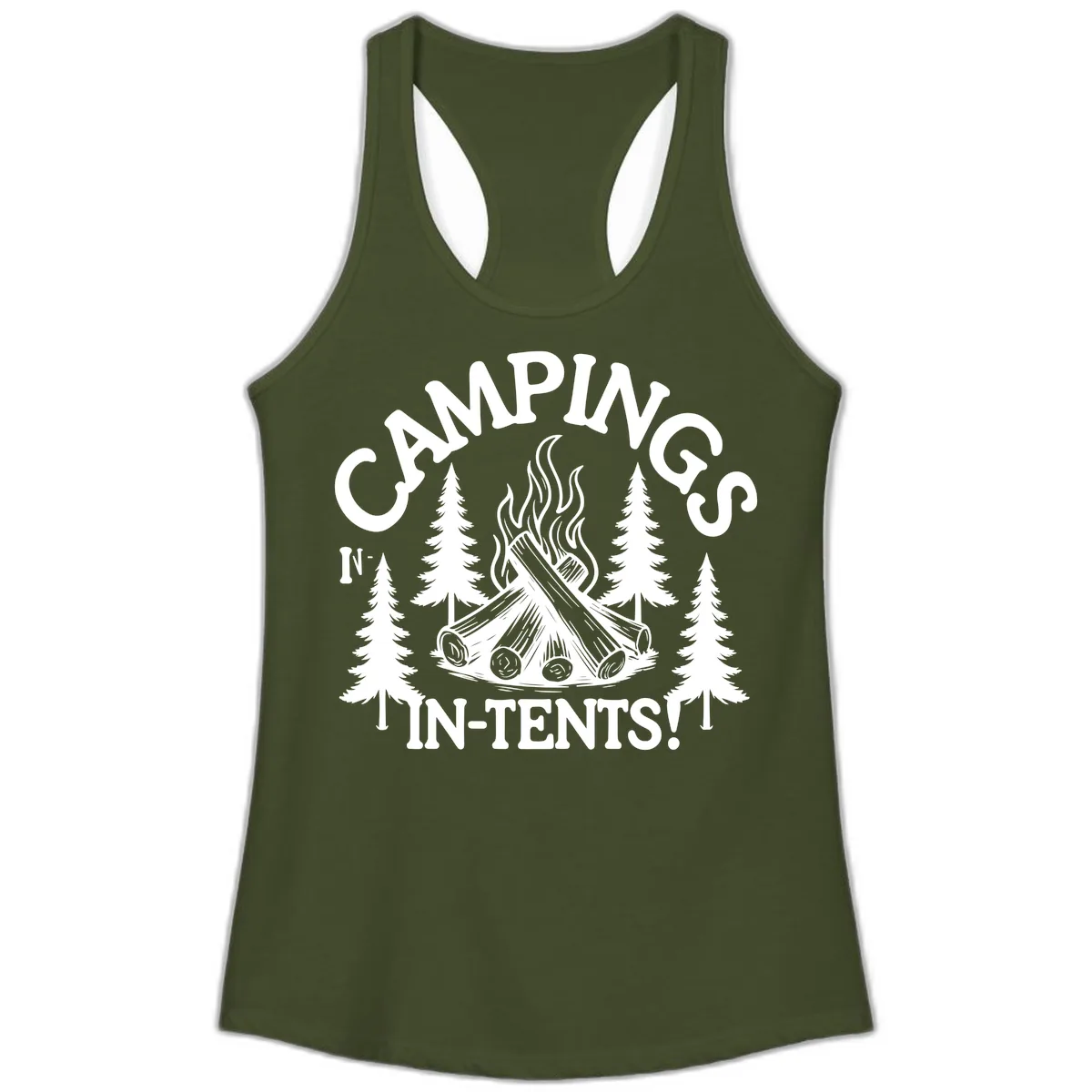 Camping In Tents Ladies Tank in Solid Military Green