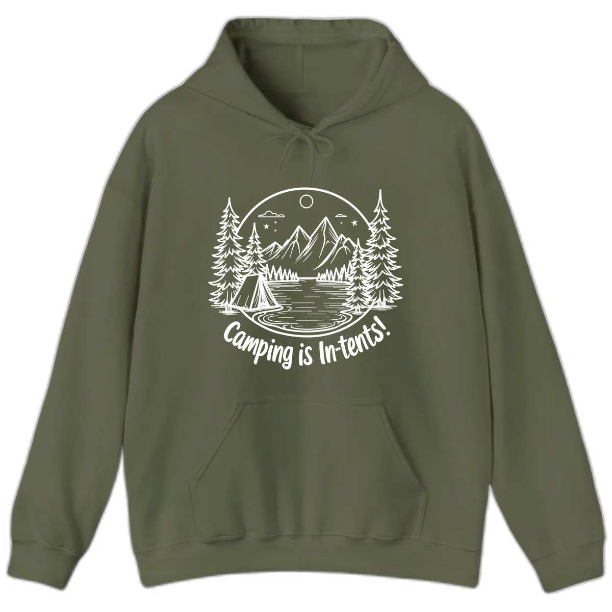 Camping Is In-Tents Mountain Lake Escape Hoodie in Military Green