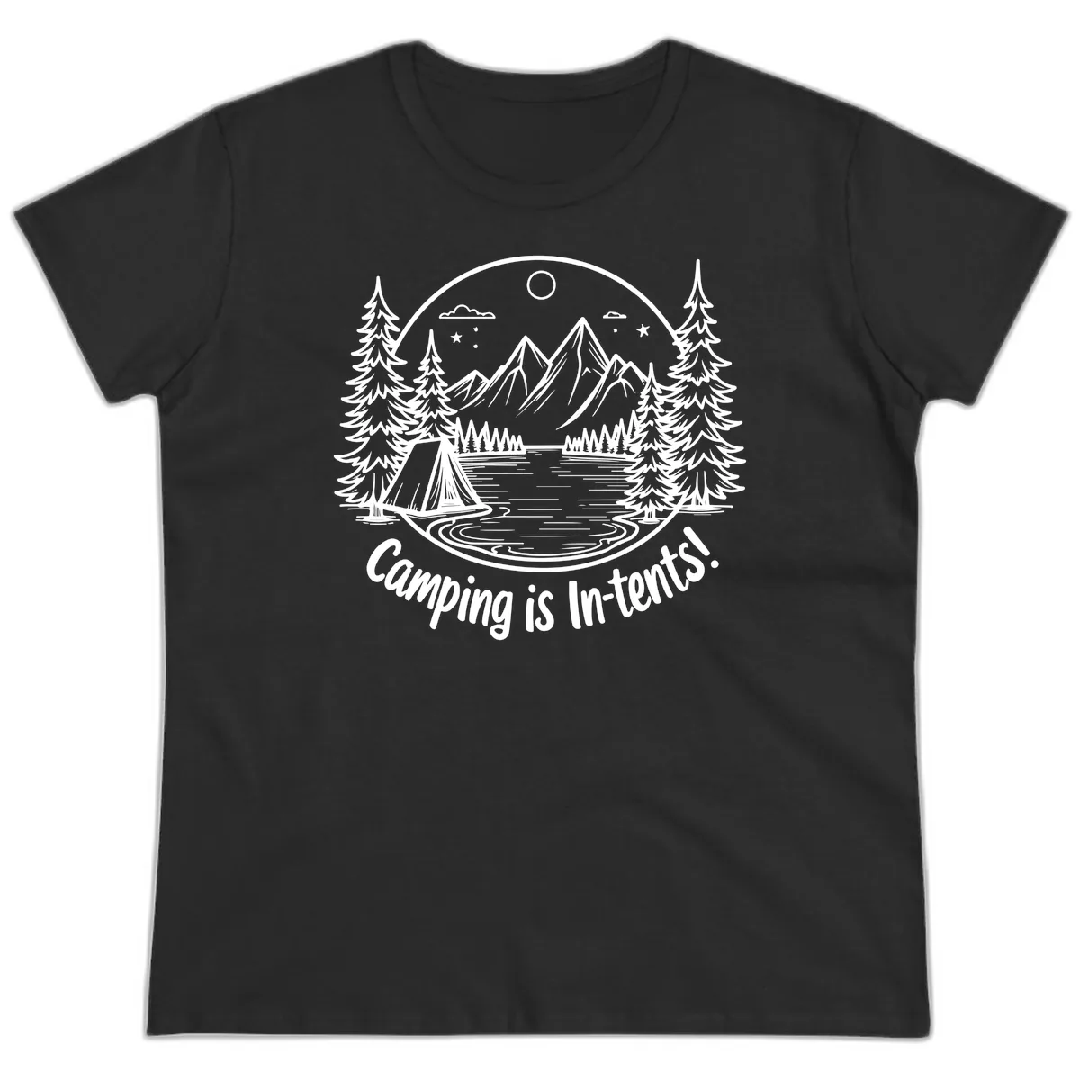 Camping Is In-Tents Mountain Lake Escape Ladies Tee in Black
