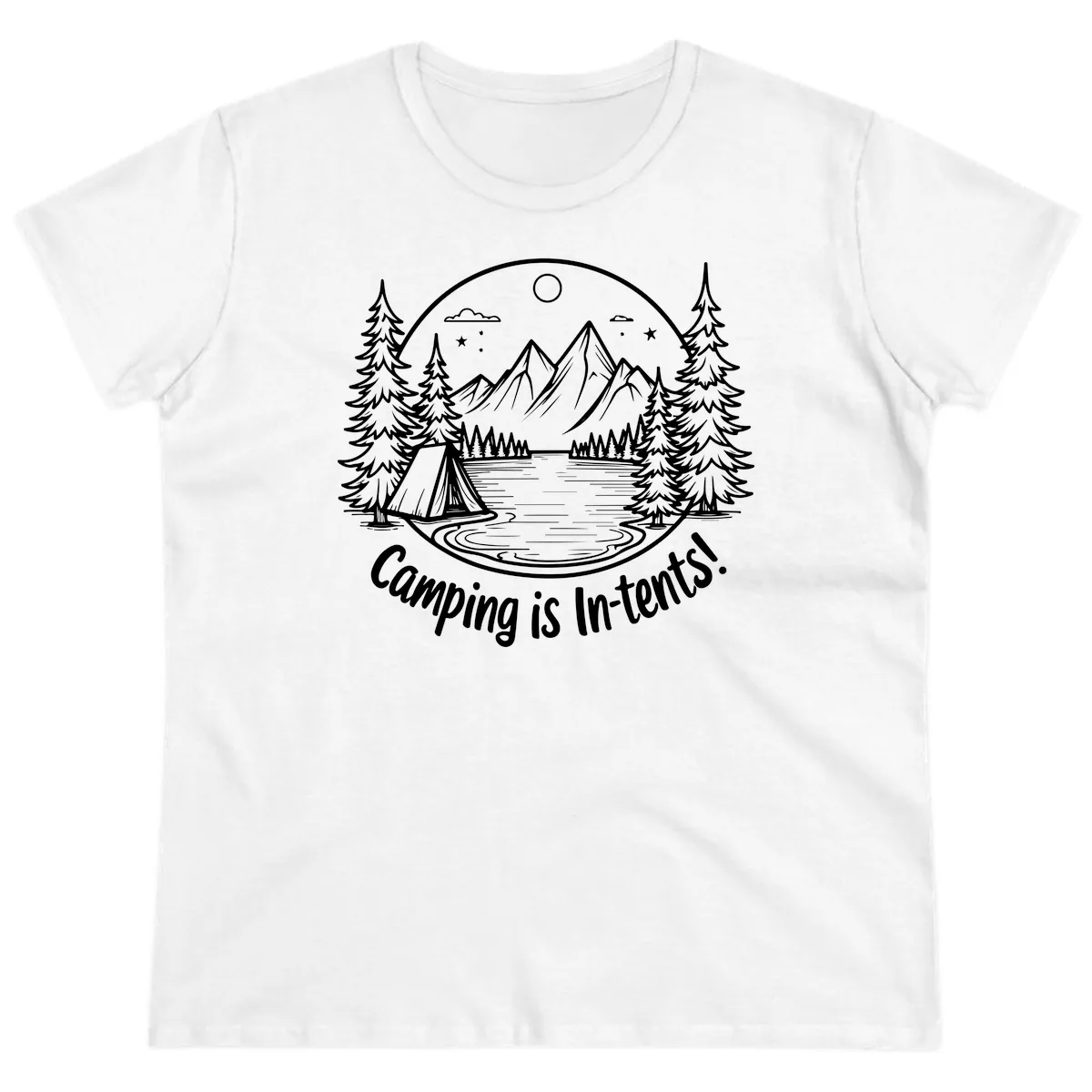 Camping Is In-Tents Mountain Lake Escape Ladies Tee in White