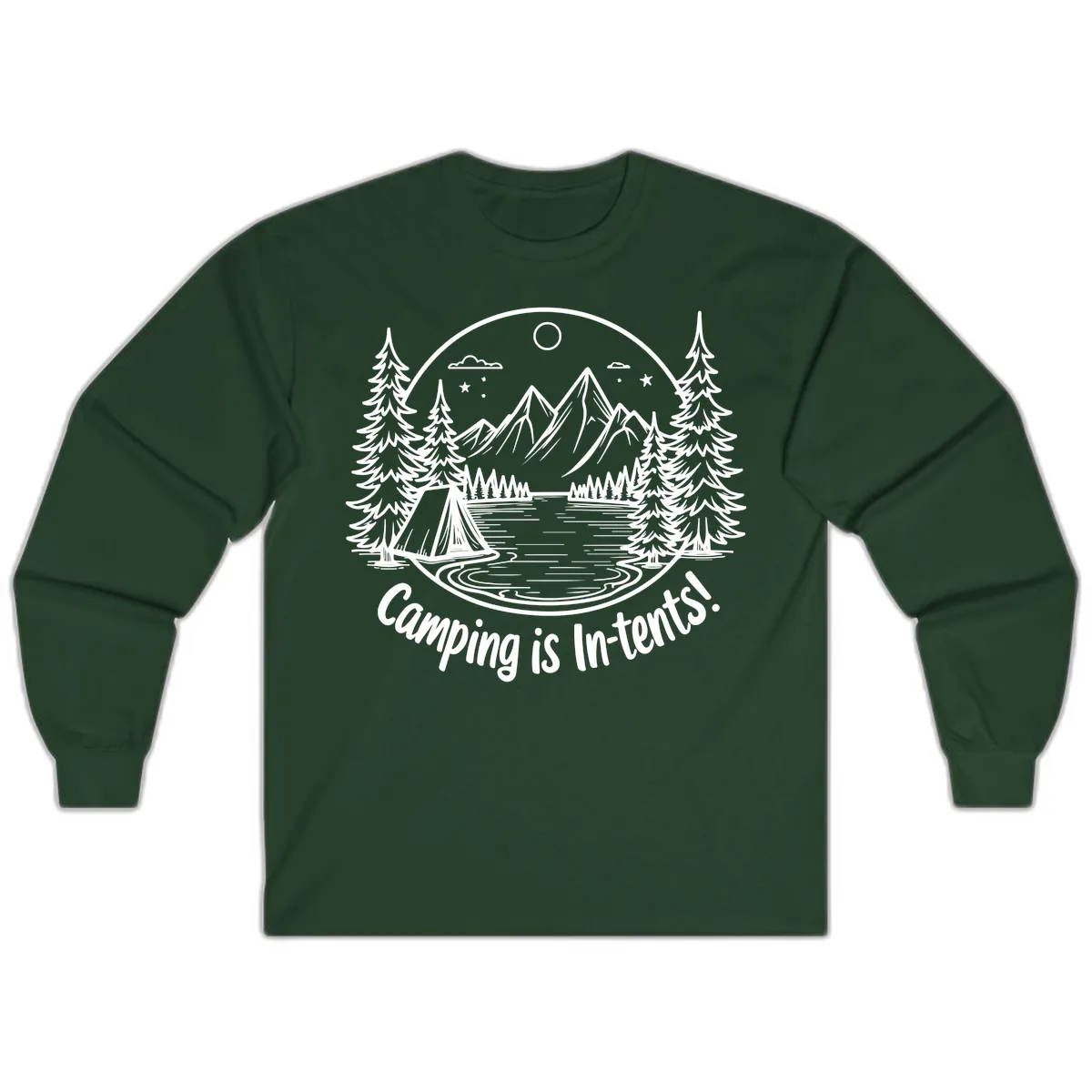 Camping Is In-Tents Mountain Lake Escape Long Sleeve in Forest Green
