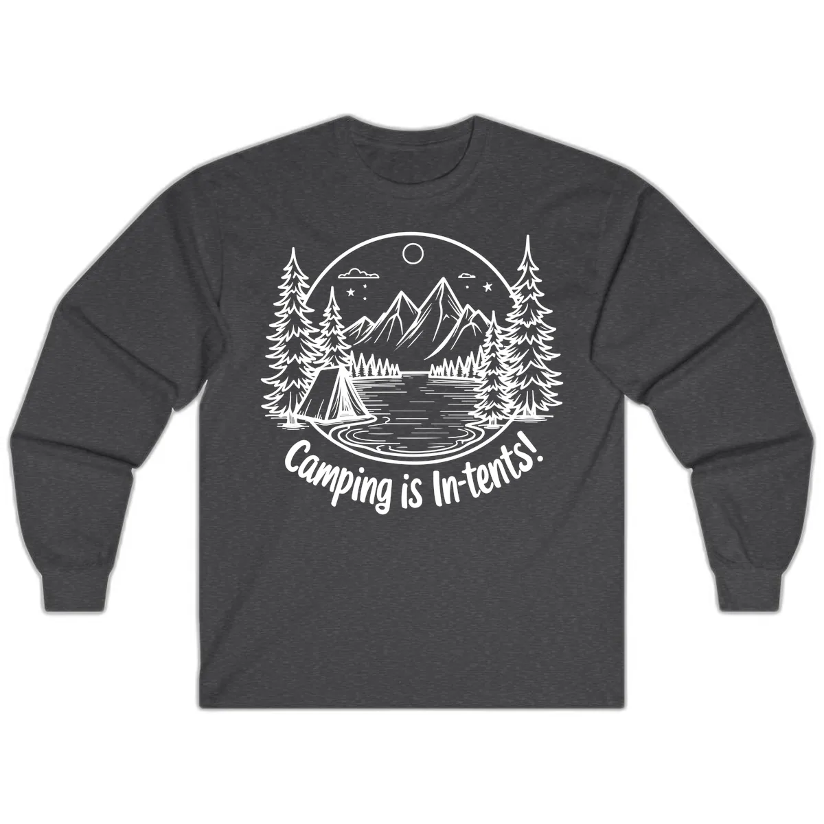Camping Is In-Tents Mountain Lake Escape Long Sleeve in Dark Heather