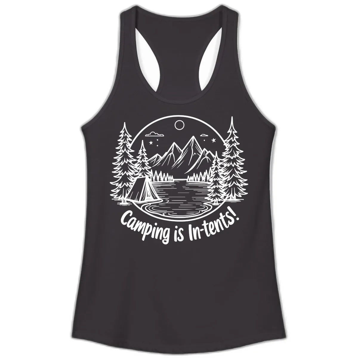Camping Is In-Tents Mountain Lake Escape Ladies Tank in Black