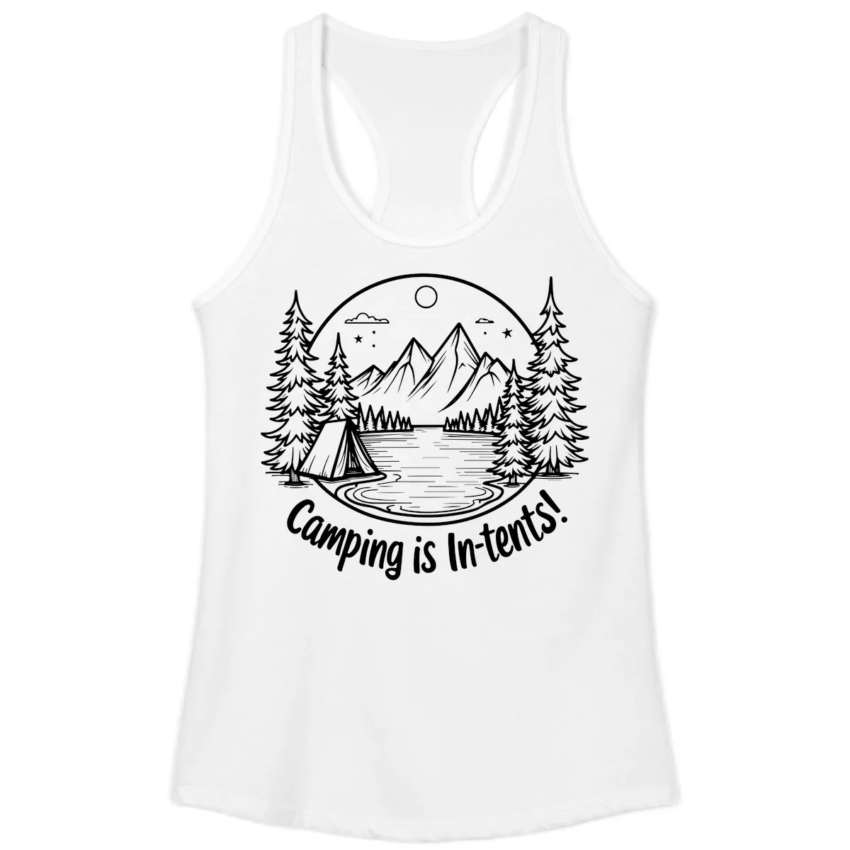Camping Is In-Tents Mountain Lake Escape Ladies Tank in White