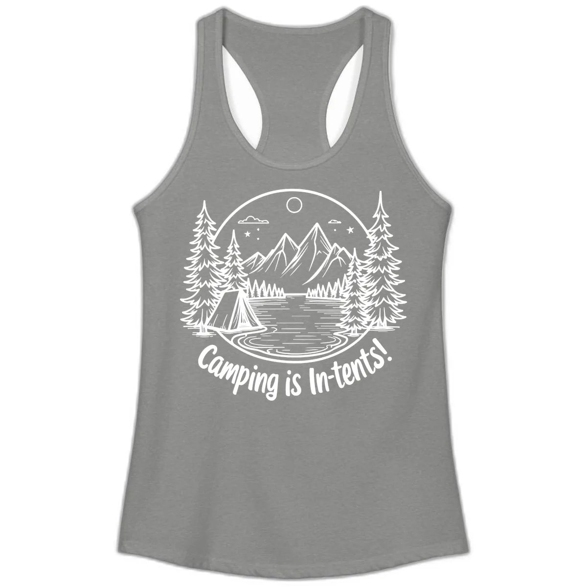 Camping Is In-Tents Mountain Lake Escape Ladies Tank in Heather Grey