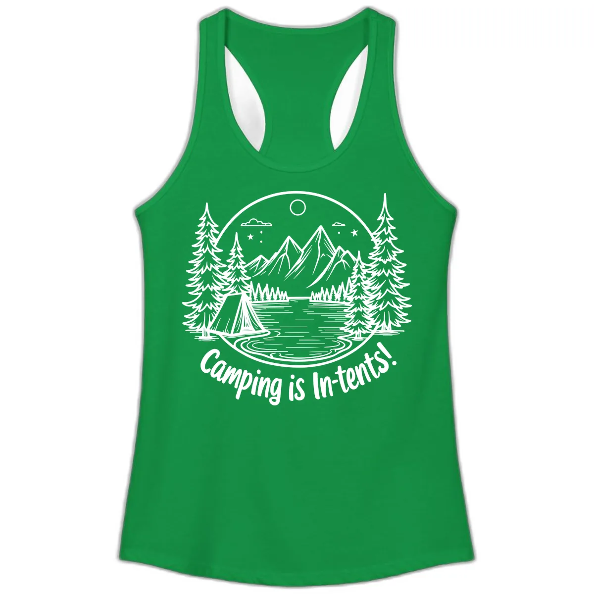 Camping Is In-Tents Mountain Lake Escape Ladies Tank in Solid Kelly Green