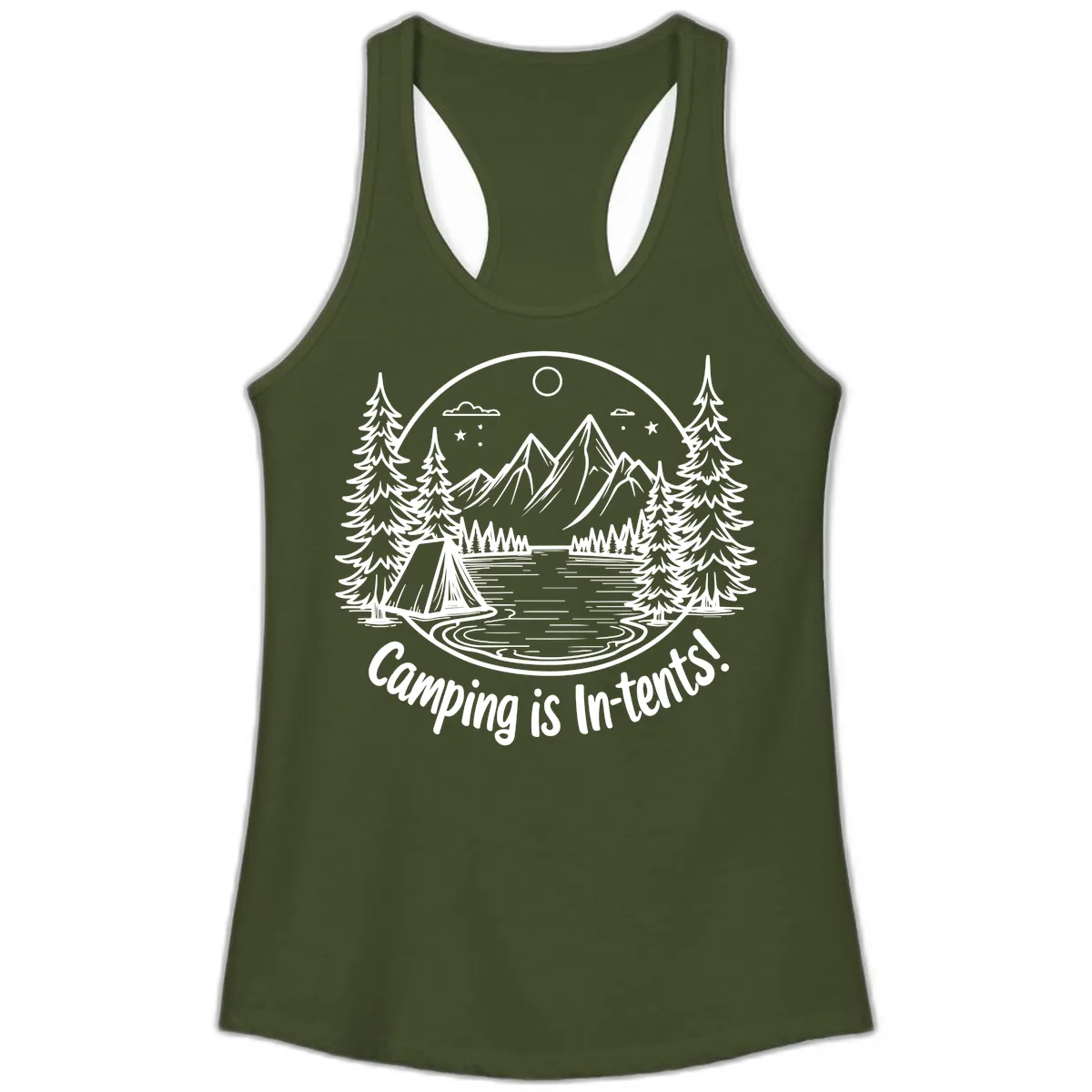 Camping Is In-Tents Mountain Lake Escape Ladies Tank in Solid Military Green