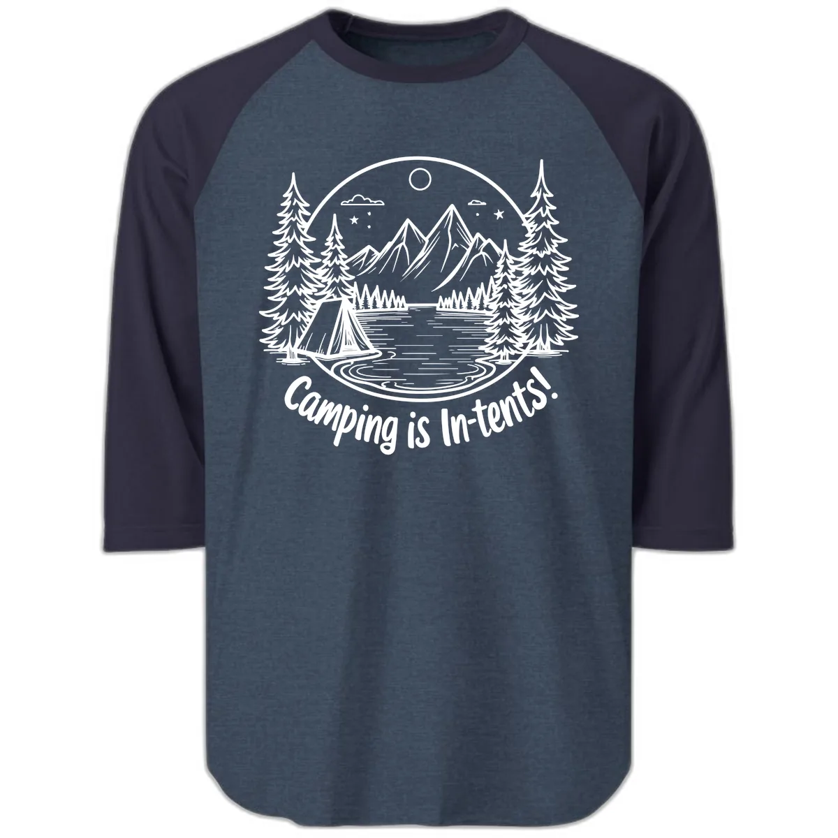 Camping Is In-Tents Mountain Lake Escape Raglan 3/4 in Heather Denim Navy