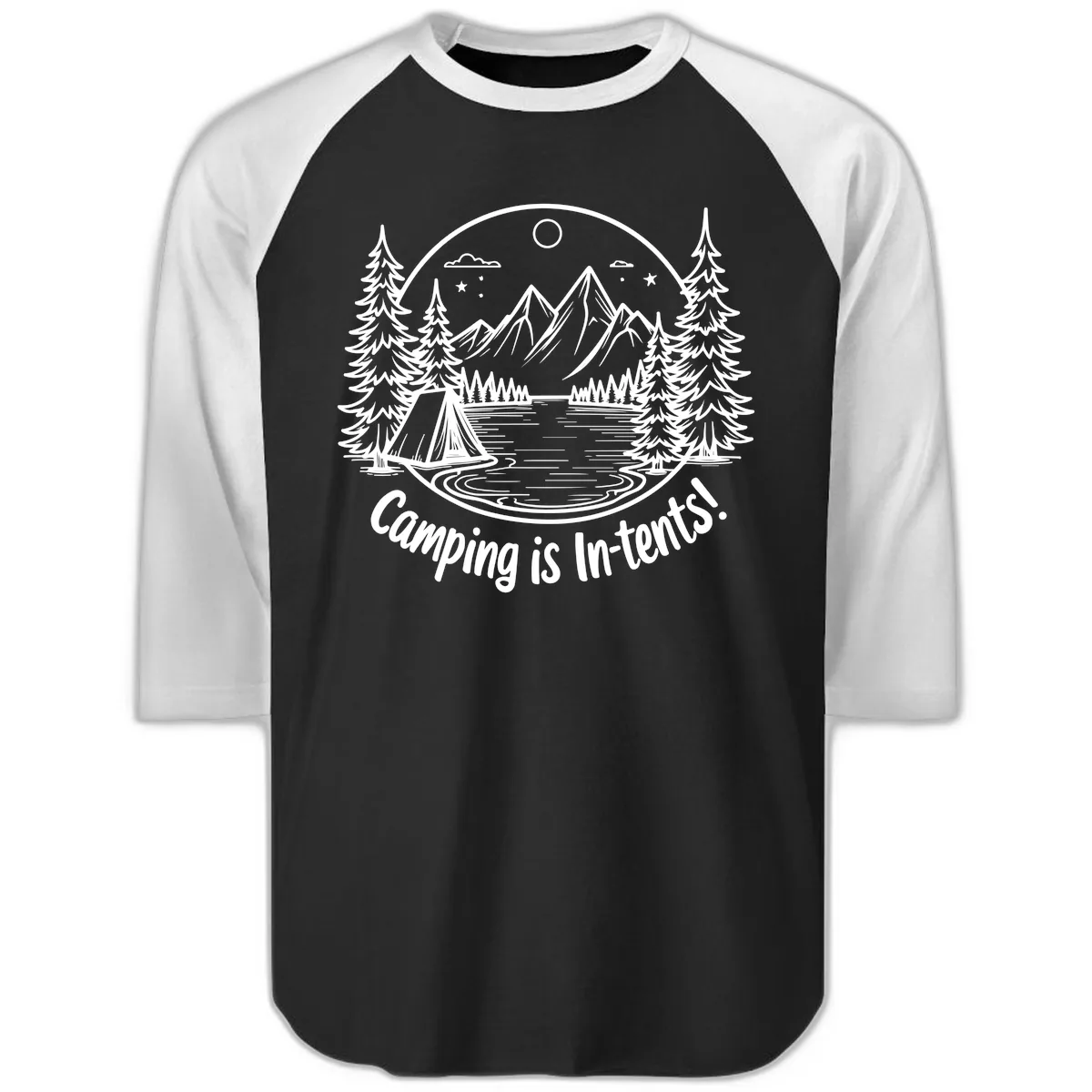 Camping Is In-Tents Mountain Lake Escape Raglan 3/4 in Black White