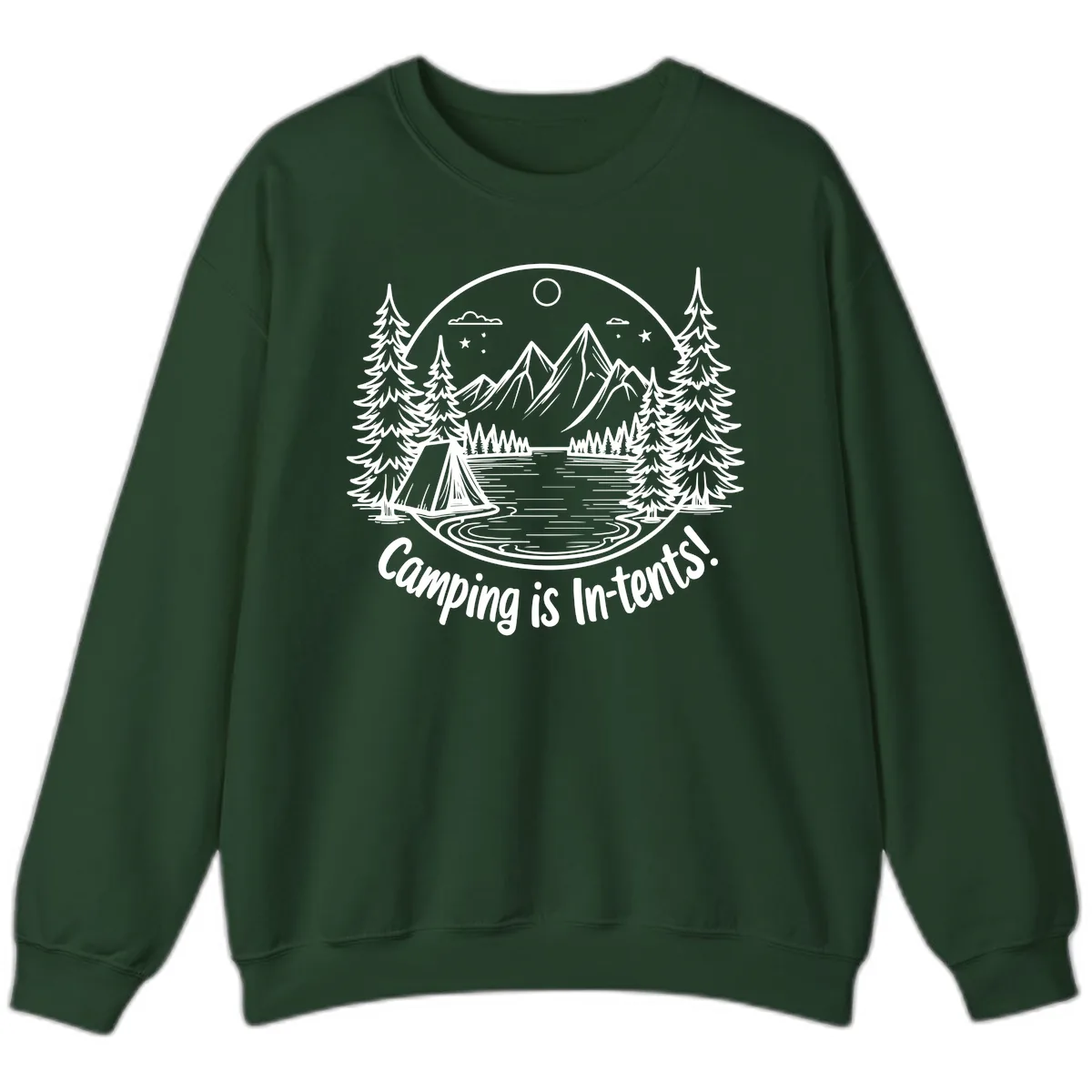 Camping Is In-Tents Mountain Lake Escape Sweatshirt in Forest Green