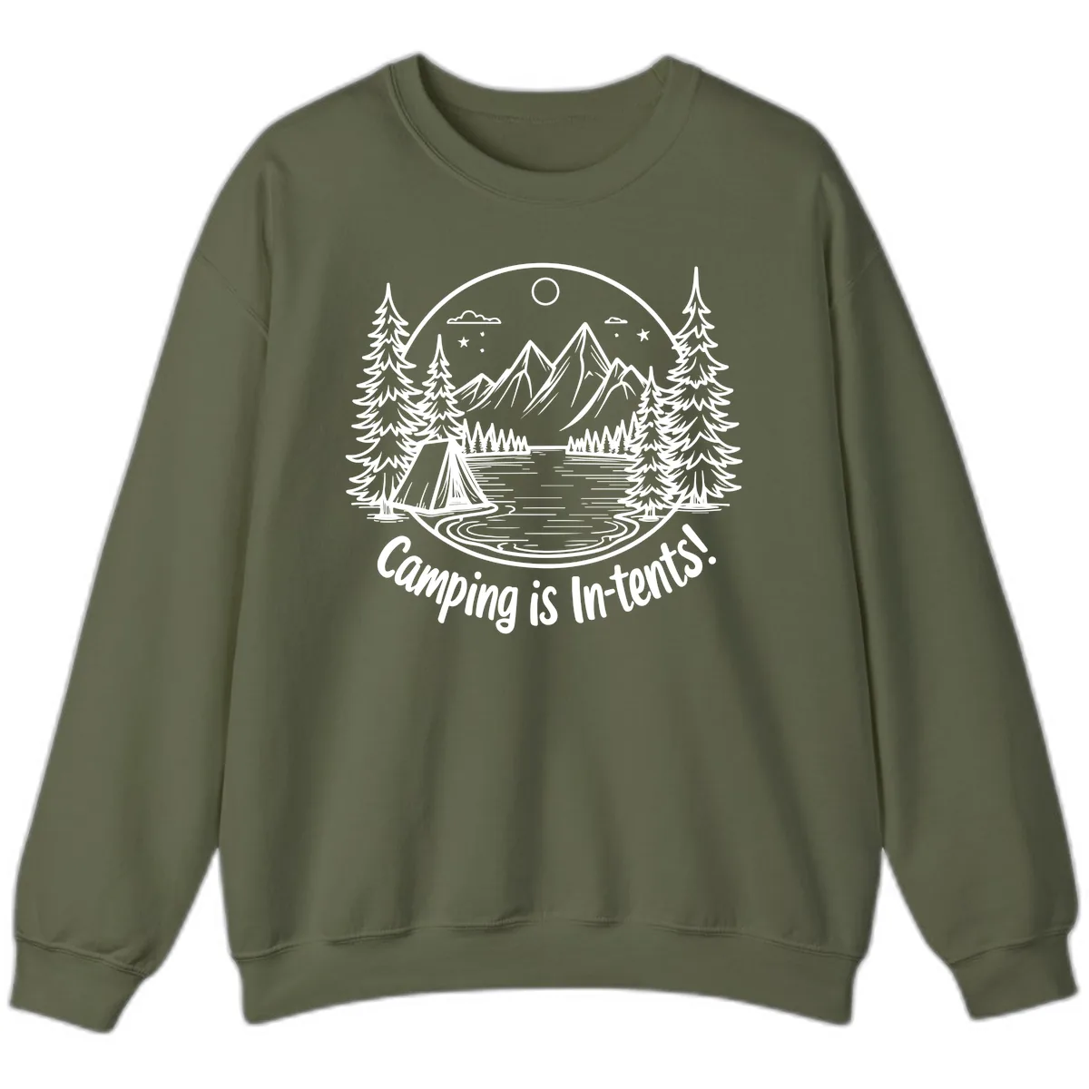 Camping Is In-Tents Mountain Lake Escape Sweatshirt in Military Green