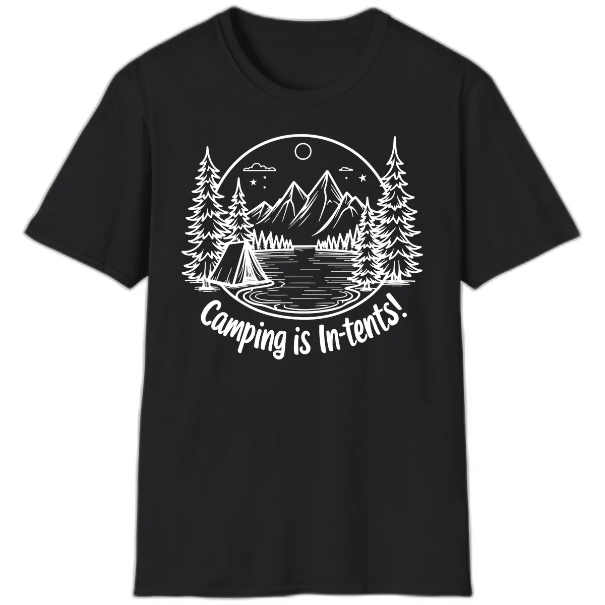 Camping Is In-Tents Mountain Lake Escape T-Shirt in Black