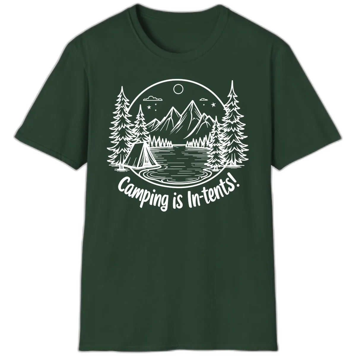 Camping Is In-Tents Mountain Lake Escape T-Shirt in Forest Green
