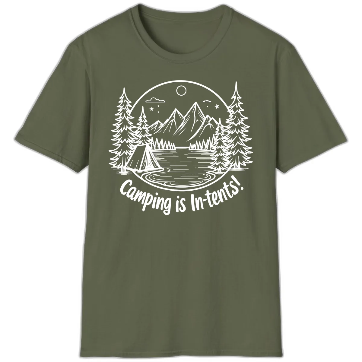 Camping Is In-Tents Mountain Lake Escape T-Shirt in Military Green