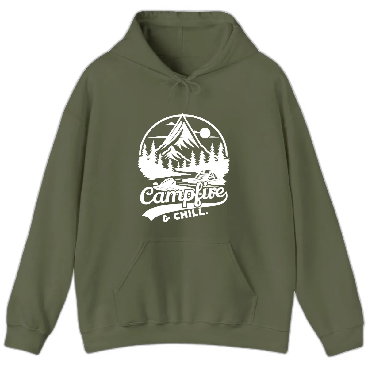 Campfire And Chill Mountain Escape Hoodie in Military Green