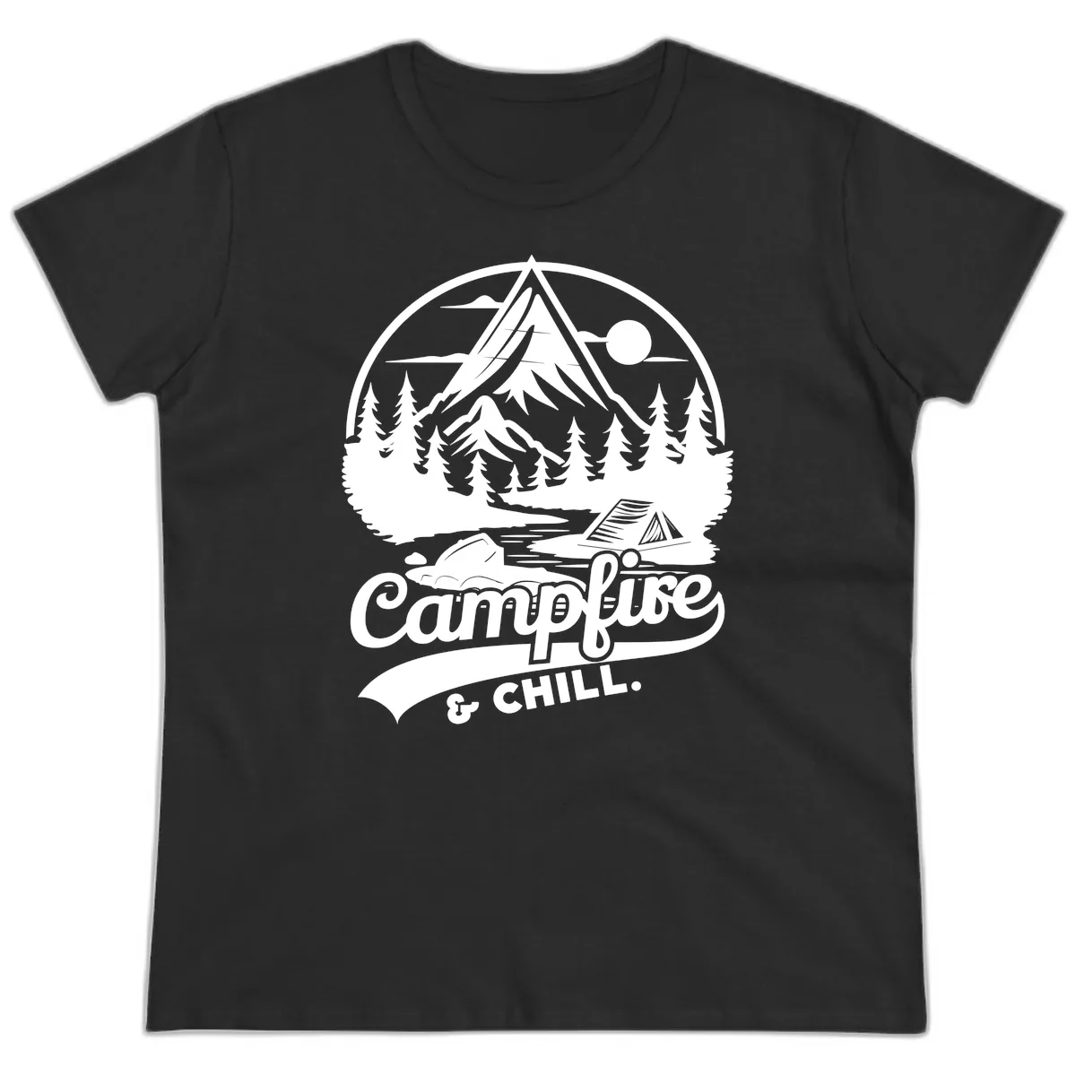 Campfire And Chill Mountain Escape Ladies Tee in Black