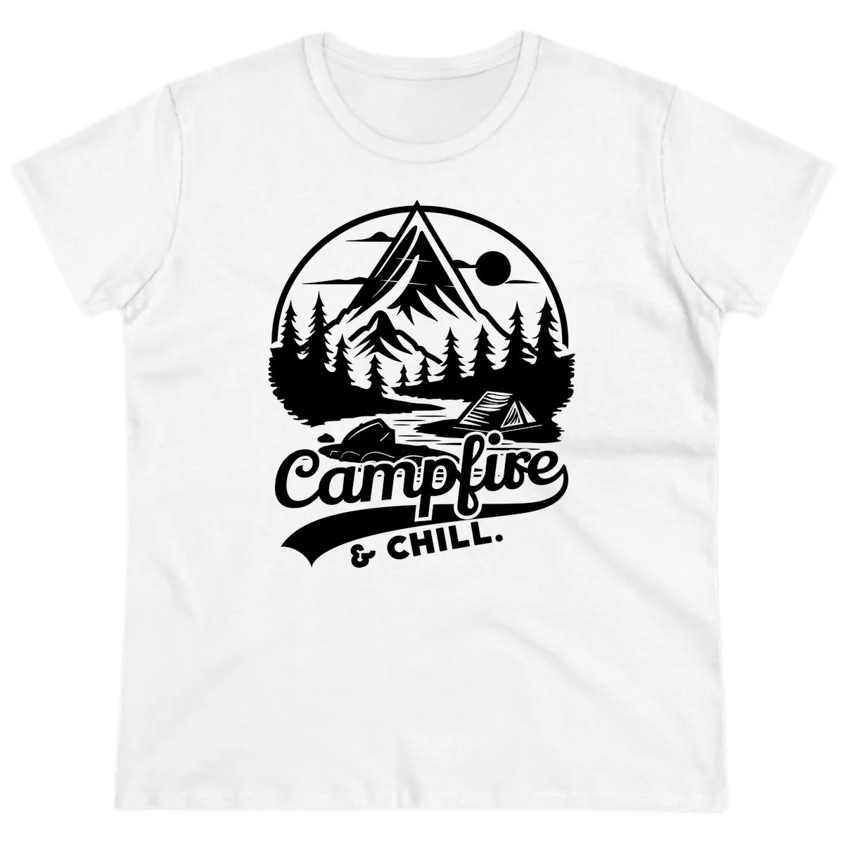 Campfire And Chill Mountain Escape Ladies Tee in White