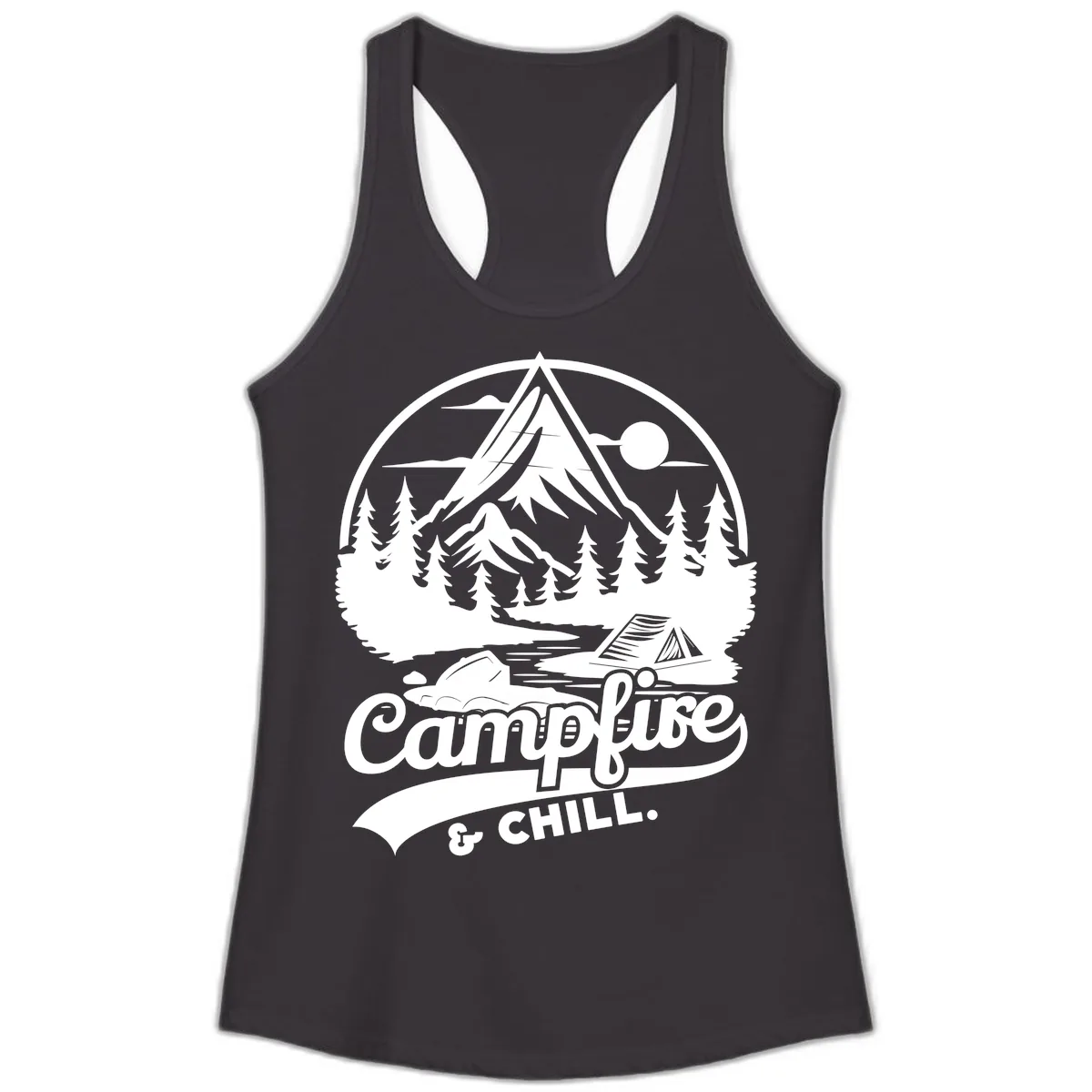 Campfire And Chill Mountain Escape Ladies Tank in Black