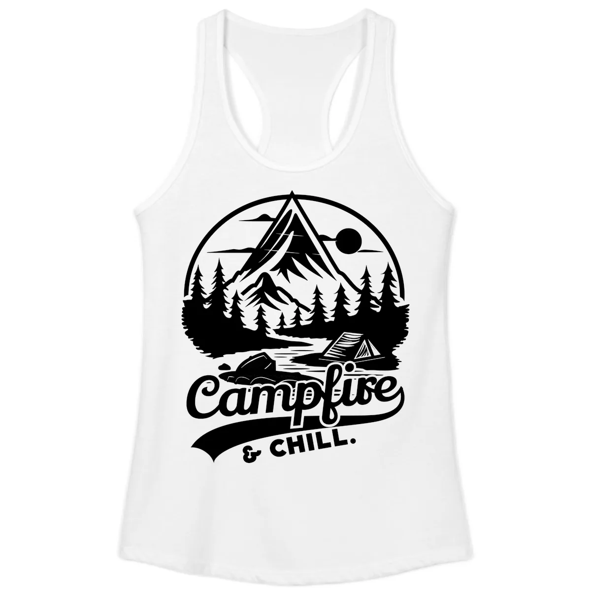 Campfire And Chill Mountain Escape Ladies Tank in White