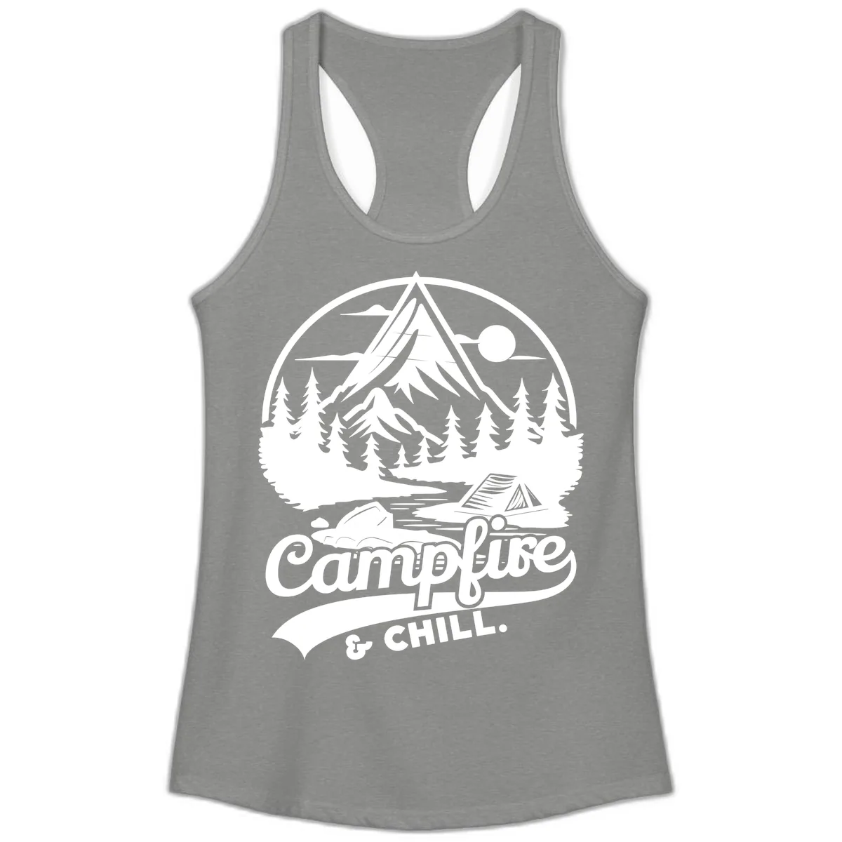 Campfire And Chill Mountain Escape Ladies Tank in Heather Grey