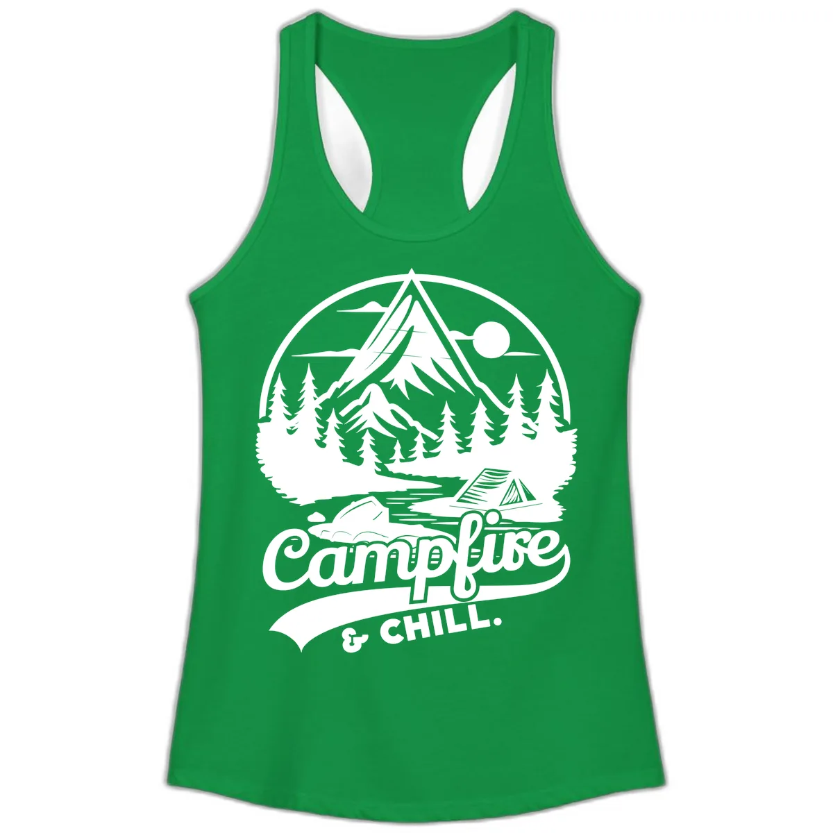 Campfire And Chill Mountain Escape Ladies Tank in Solid Kelly Green