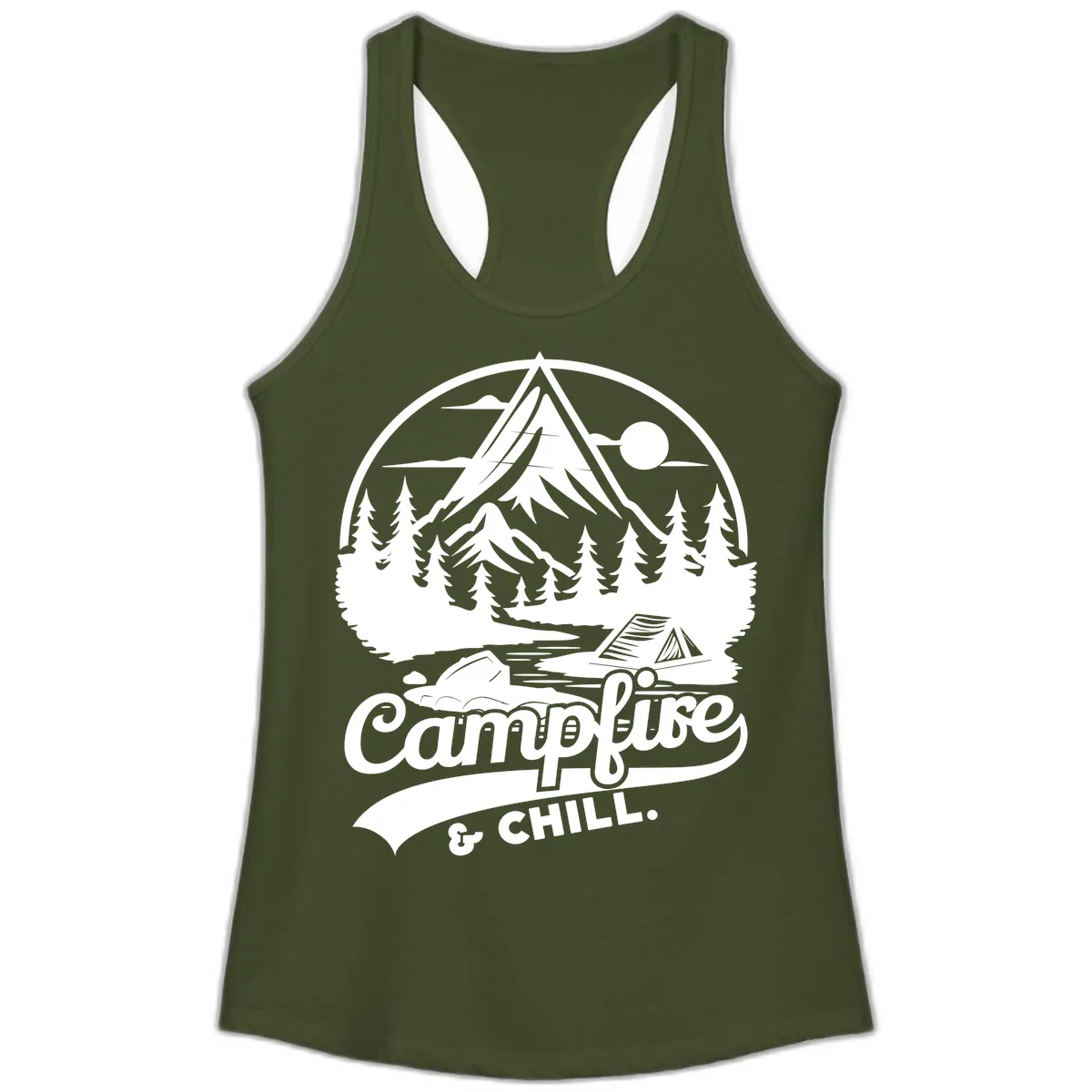 Campfire And Chill Mountain Escape Ladies Tank in Solid Military Green