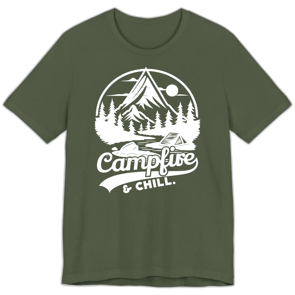 Campfire And Chill Mountain Escape Premium T-Shirt in Military Green