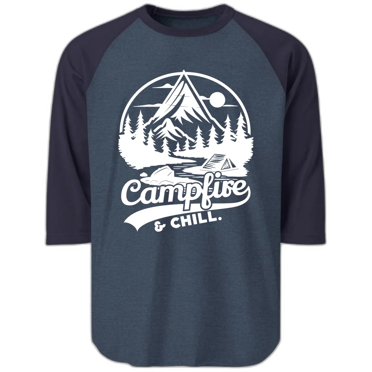 Campfire And Chill Mountain Escape Raglan 3/4 in Heather Denim Navy