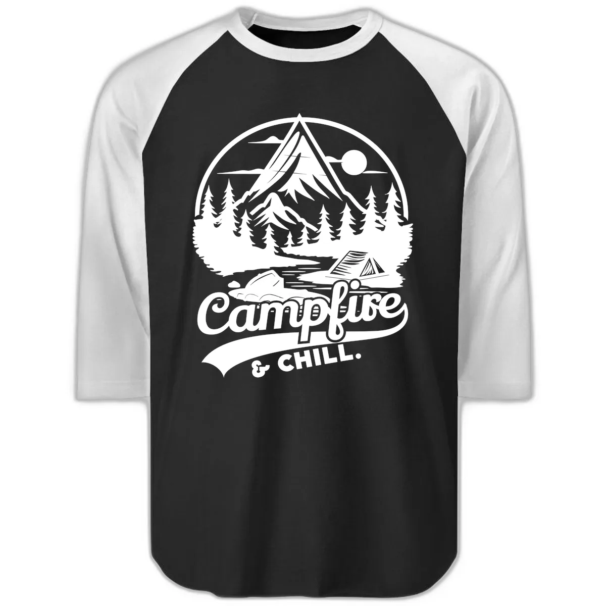 Campfire And Chill Mountain Escape Raglan 3/4 in Black White