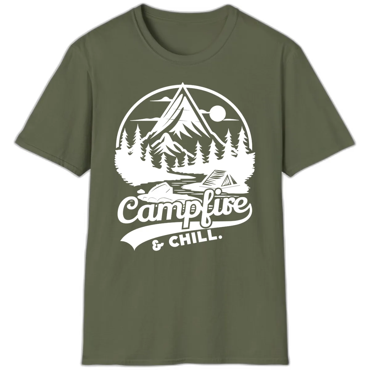 Campfire And Chill Mountain Escape T-Shirt in Military Green