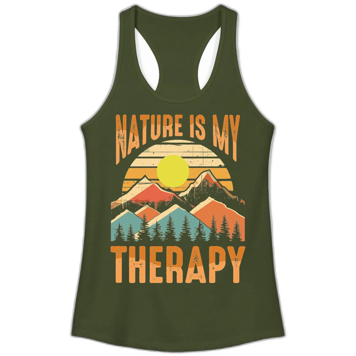 Nature Is My Therapy Ladies Tank in Solid Military Green