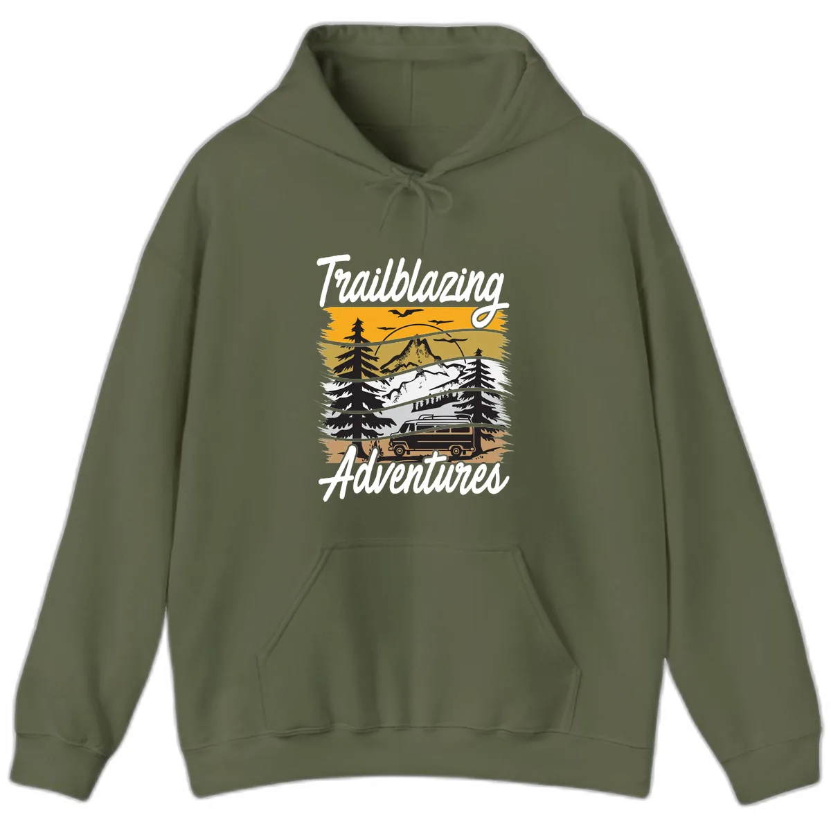 Trailblazing Adventures Mountain Landscape Hoodie in Military Green