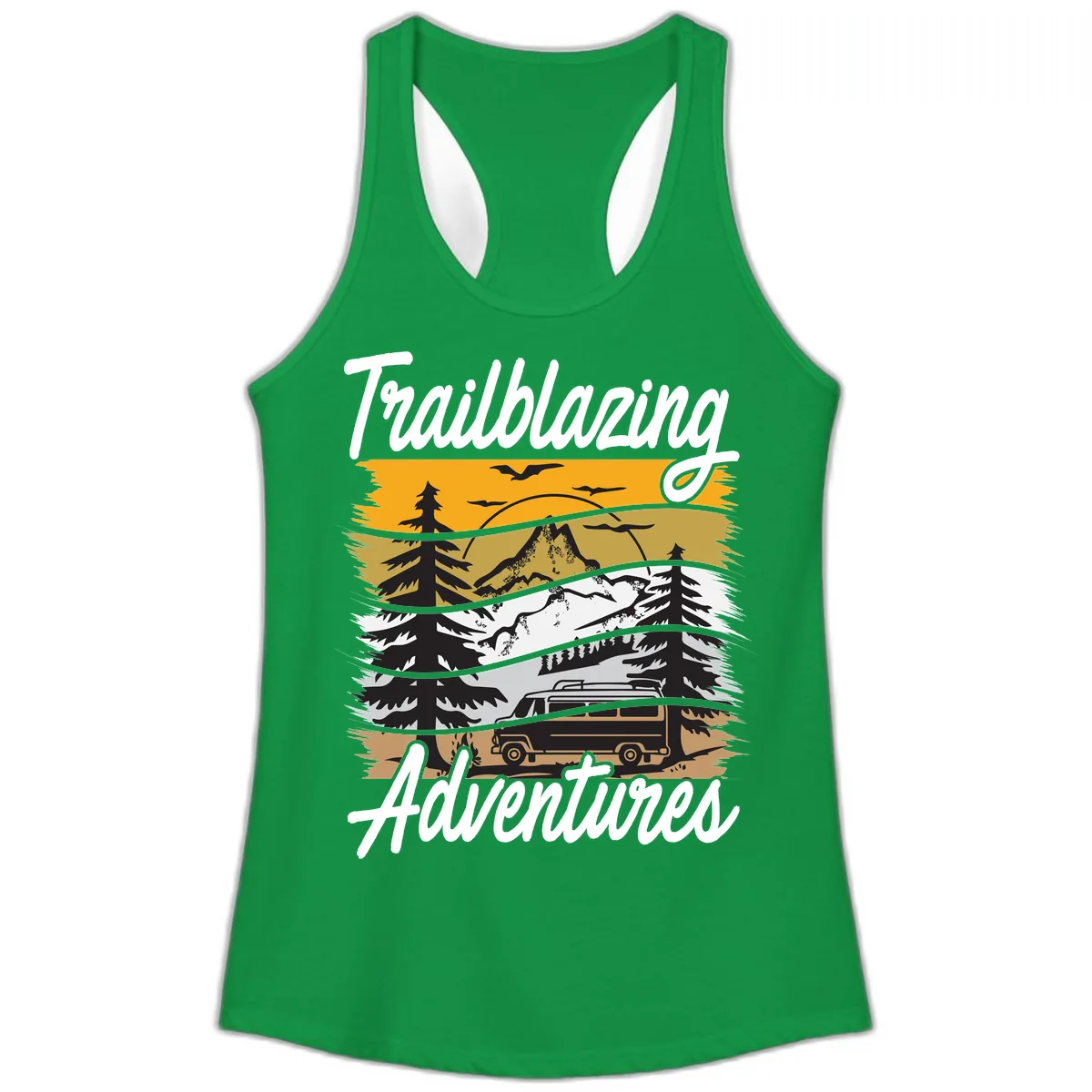 Trailblazing Adventures Mountain Landscape Ladies Tank in Solid Kelly Green