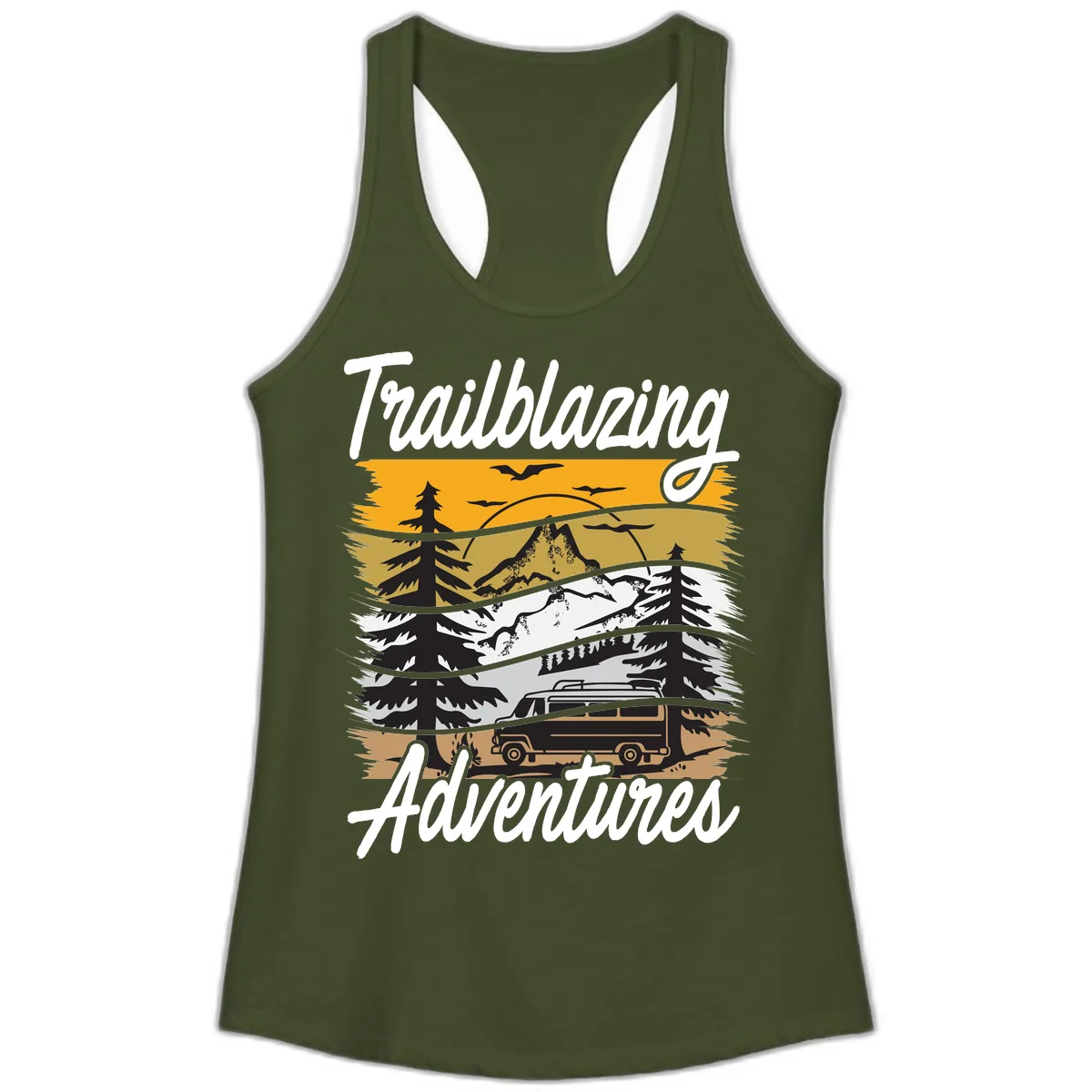 Trailblazing Adventures Mountain Landscape Ladies Tank in Solid Military Green
